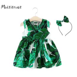 Multitrust New Born Baby Girls Clothes 2020 Summer Dresses Fashion Green Leaves Cotton Sleeveless Dress+Headwear