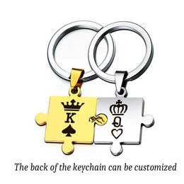 Custom Engraved Stainless Crown King Queen Poker Spades Letters Pendant Keyring Couples Women Men Jewelry Gift Keychain