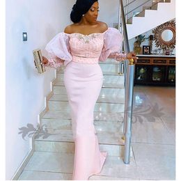 Nigerian Lace Long Sleeve Evening Dresses Off the Shoulder Puff Sleeves African Arabic Formal Celebrity Prom Party Gowns