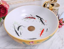 China Painting Fish Ceramic Painting Art Lavabo Bathroom Vessel Sinks Round counter top deep basin sink