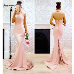 Pretty Pearl Pink Lace Mermaid Honor Of Maid Dress Appliques Halter Off Shoulder Sexy Long Bridesmaid Dress Formal Party Dress 2023