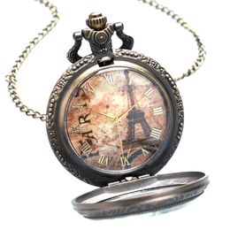 Antique Pocket Watch Transparent Glass Eiffel Tower Rome Number Quartz Watches Necklace Chain Souvenir Gift for Men Women