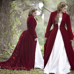 New Winter Christmas Ball Gown Wedding Dresses Cloaks Burgundy Velvet Long Sleeves Flowers Plus Size Formal Bridal Gowns With Jacket Coat