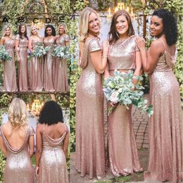 bridesmaid gowns sleeves Canada - Sparkly Rose Gold Cheap Mermaid Bridesmaid Dresses Short Sleeves Backless Long Beach Sequins Maid of Honor Bridesmaid Gowns BM023