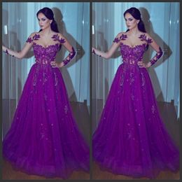 Purple Sexy Illusion Evening Dresses Jewel Sheer Neck Lace Appliques A Line Prom Dresses Tulle Women Party Gowns New Fashion Bridal Gowns