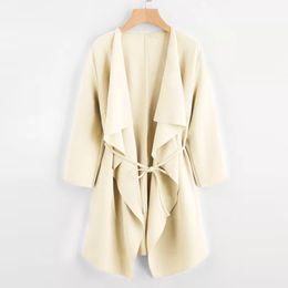 Woollen coat Women Casual Waterfall Collar Pocket Front Wrap Coat Jacket Outwear Long Loose Double-breasted Slim Type Woollen