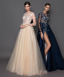 Fashion Side Split Long Sleeves Prom Dresses Sheer Jewel Neck A Line Evening Gowns 3D Appliqued Plus Size Sweep Train Tulle Formal Dress