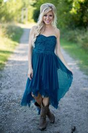 Country Bridesmaid Dresses Short Hot Cheap For Wedding Teal Chiffon Beach Lace High Low Ruffles Party Maid Honor Gowns