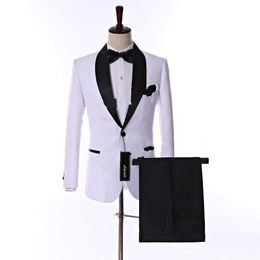New Novel Design One Button White Paisley Wedding Groom Tuxedos Shawl Lapel Groomsmen Men Suits Prom Blazer (Jacket+Pants+Vest+Tie) 354