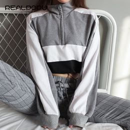 Womens Realpopu Pullovers Hoodies Fashion Trend Long Sleeved Deep V Neck Tops Drawstring Loose Cropped Patchwork Sweatshirt Kawaii Oversize