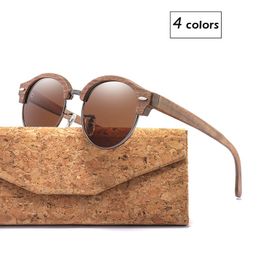 Luxary-Semi-Rimless Round Wood Sunglasses for Men and Women Polarised UV400 Womens Sun glasses Good Gift