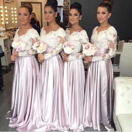 Robe demoiselle d'honneur A Line Long Sleeves Pink Lace Bridemaid Dresses Satin Prom Dresses Wedding Party Gowns