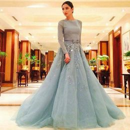Vintage O-Neck Full Sleeves Evening Dresses With Bow Appliques Beads Sequins A Line Prom Dress Cheap Formal Party Gowns Vestidos