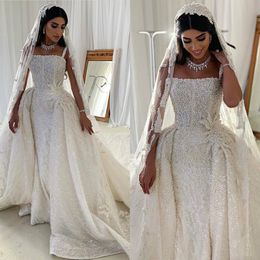 2020 Bohemian New Arrival Detachable tail Mermaid Wedding Dresses Spaghetti Satin Lace Applique Bridal Gowns Zipper Sweep Train Wedding Gown