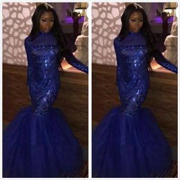 Royal Blue Sequined Mermaid Prom Dresses 2020 African Long Sleeves Tulle Floor Length Tulle Formal Party Evening Gowns BC3444