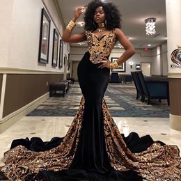 2020 Fashion Gold Sequined Mermaid Prom Dresses V Neck South African Black Girls Evening Gowns Plus Size Special Occasion Dress Abendkleider
