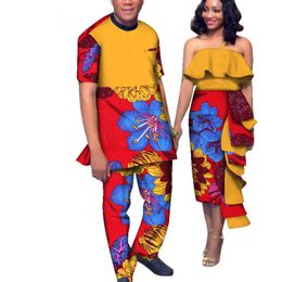 Africa Style Couples Clothing for Sweet Lovers Bazin Women Dress & Men Sets Dashiki Plus Size Wedding Clothing WYQ163