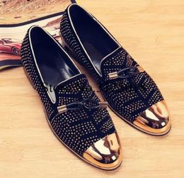 Black Suede Men Party Wedding Ventilation Casual Studded Shoes Sapato Masculino Metal Toe Men'S Flat Loafers Smoking Shoes