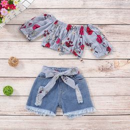 Baby Girls Clothes Set Floral Striped Off Shoulder Tops+Denim Shorts Jean Toddler Cloth Sets vetement enfant fille