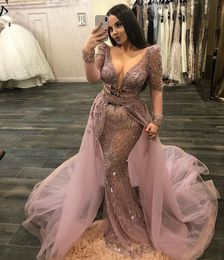 Gorgeous Mermaid Beaded Evening Dresses Sheer Deep V Neck Long Sleeves Prom Gowns With Detachable Train Tulle Plus Size Formal Dress