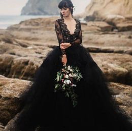 Black Sexy Deep V Neck Tulle Fabric Lace Bridal Wedding Dress USA SweepTrain Modern Wedding Dress for Beach