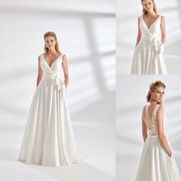 Eddy K Couture A Line Wedding Dress Bow V Neck Sleeveless Appliques Beads Chiffon Wedding Dresses Sweep Train Bridal Gowns