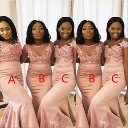 Pearl Pink Mermaid Bridesmaid Dresses For Weddings Guest Dress Off The Shoulder Satin Lace Crystal Mixed Styles Formal Maid Of Honor Gowns