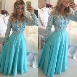 Sleeves Blue Long Prom Dresses V Neck Pearls Beaded Lace Applique Chiffon Floor Length Crystal Waist Formal Evening Party Gowns Plus Size