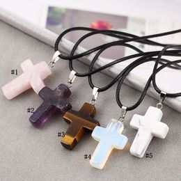 Fashion Christian Cross necklace For Women Healing Crystal Quartz Chakra Natural Stone crucifix Pendant Leather String Rope chains Jewelry