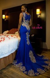 Royal Blue Gold Embroidered Evening Special Occasion Dresses Women 2022 Jewel Hollow Back Prom Party Formal Dress Vestiod De Festia