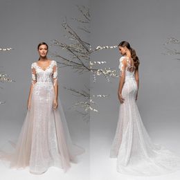 2021 Elegant Wedding Dresses Lace Appliques Beads Sequins Bridal Gowns Custom Made Button Back Detachable Train Mermaid Wedding Dress