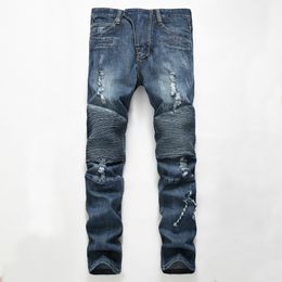 Men's ripped creased light jeans designer long slim trousers with holes mid rise straight size 28-40 high quality