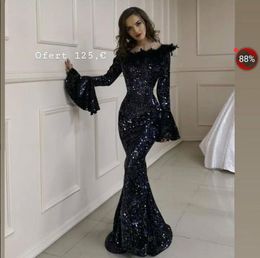 Evening dress Yousef aljasmi Kim kardashian Long sleeve Black sequines Feather s Mermaid Bateau Zuhair murad Ziadnakad 0012