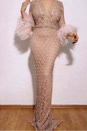 Mermaid Full Beading long sleeve Elegant Evening Formal Dresses With Feathers 2019 Long Party Prom Elie Saab Red Carpet Celebrity Dresses