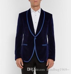 New Arrivals One Button Dark Blue Velvet Groom Tuxedos Shawl Lapel Groomsmen Best Man Blazer Mens Wedding Suits (Jacket+Pants+Tie) D:71