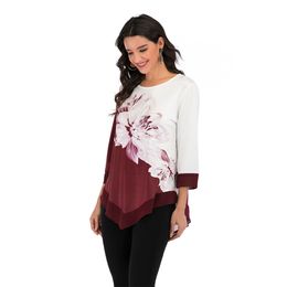 S-5XL T Shirt Women Plus Size Three Quarter Ladies Tee Shirts Floral Print Loose Casual Tops Lady Blouses Irregular Spring Clothes