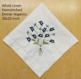 Set of 12 Fashion Dinner Napkins white Hemstitched Cotton Table Napkin with Colour Embroidered Floral Wedding Napkins 20x20-inch