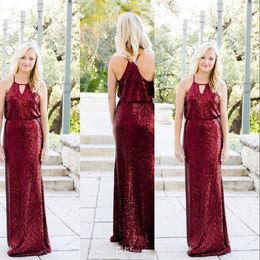 New Dark Red Sexy Bury Sequined A Line Dresses Halter Sequins Bridesmaid Dress Country Style Formal Wedding Party Guest Gowns