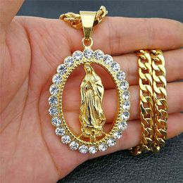 Stainless Steel Cuban Chain Pave Crystal Catholic Hip Hop Pendants Necklaces For Men Jewellery