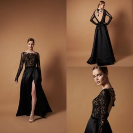 2019 Black Prom Dresses Scoop Neck Lace Appliqued High Side Split A Line Backless Evening Dress Custom Made Long Sleeve Formal Party Gowns