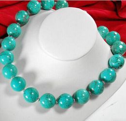 Women Jewelry Classic Large Turquoise Round Beads Silver Necklace 18"