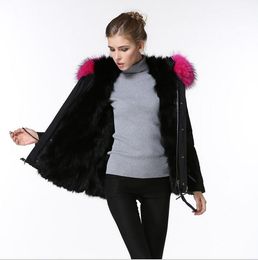 Luxury Meifeng brand rose raccoon fur trim female snow coat black fur lined black mini parka