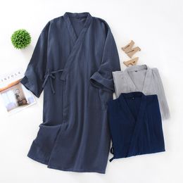 Men's Kimono Nightgown Cotton Crepe Mens Robe Loose Bathrobe Male Blue Grey Cardigan Home Wear Clothes Sleepwear Men Robe