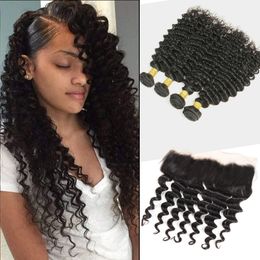 Malaysian Virgin Hair Extensions 8-30inch Deep Wave Bundles With 13X4 Lace Frontal 4 Pieces/lot Curly Human Hair Lace Frontal