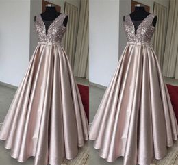 Champagne Sequined A-line Evening Groom Dresses For Wedding V-neck Draped Empire Waist Mother Of The Bride Dress Vestidos De Novia Party