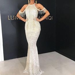 Sexy Mermaid Prom Dresses With Tassels Cap Sleeves Jewel Zipper Back Sequins Cocktail Party Dress Custom Spring Summer Evening Dress