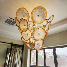 Modern Art Decor Blown Glass Chandelier Gold Colour Murano Glass Plates Chandeliers Custom 36 Inches LED Flower Chandelier for Room Decor