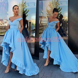 Fashion High Low Evening Dresses Off Shoulder Satin Blue Tiered Party Ball Formal Arabic Plus Size Robe De Soiree Guest Wear Prom Gown