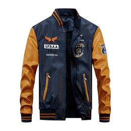 Casaco de Beisebol Homens Bomber Biker Pu Casaco Faux Piloto Jackets Varsity Fleece College Top Couro Slim Fit Motocicleta Outwear Casacos