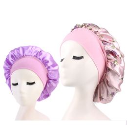 2 pcs/lot Women's Satin Solid Wide-brimmed plain and floral print Sleeping Hat Night Sleep Cap Hair Care Bonnet Nightcap